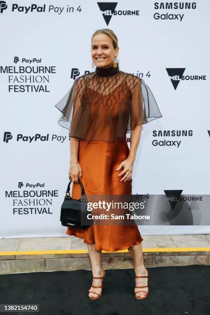 Shaynna Blaze arrives at the Melbourne Fashion Festival Runway 1 show on March 07, 2022 in Melbourne, Australia.