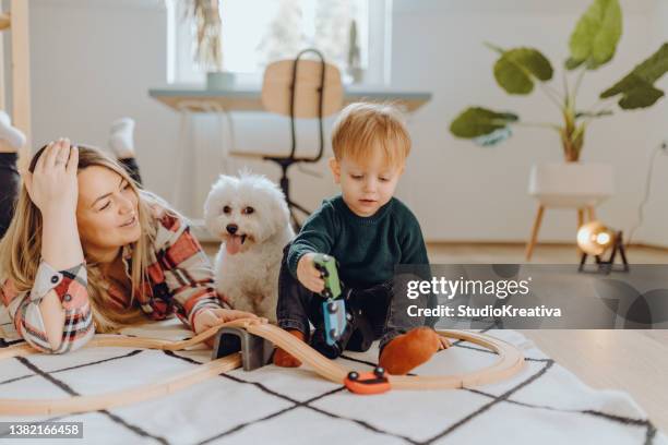 mother playing with her little boy with toys and their dog - sitting on ground stock pictures, royalty-free photos & images