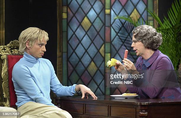 Episode 3 -- Aired -- Pictured: Chris Kattan as Anne Heche, Dana Carvey as Church Lady during "Church Chat" skit on October 21, 2000