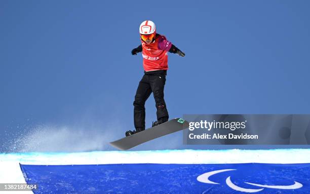 Wang Xinyu of Team China competes in the Women's Snowboard Cross SB-LL2 at Genting Snow Park during day three of the Beijing 2022 Winter Paralympics...