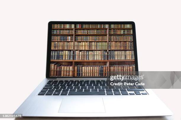 laptop computer with books on screen - library database stock pictures, royalty-free photos & images