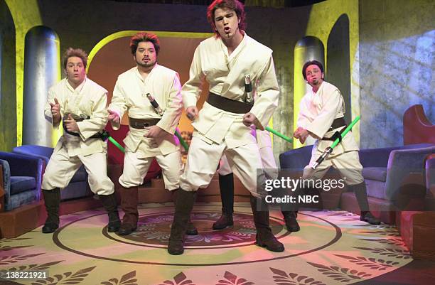 Episode 10 -- Air Date -- Pictured: Jeff Richards as Lance Bass, Horatio Sanz as Joey Fatone, Josh Hartnett as J.C. Chasez, Chris Kattan as Chris...