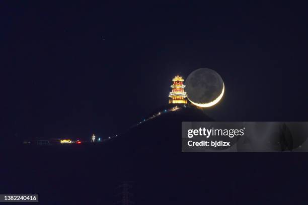 the dingdu pavilion in beijing, china, meets the new moon - crescent stock pictures, royalty-free photos & images