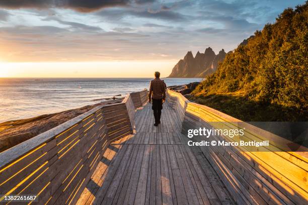 person walking on a wooden walkway at sunset, norway - nordic landscape ストックフォトと画像