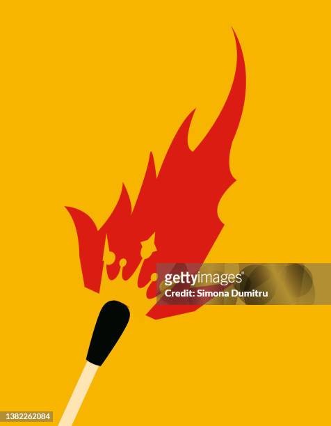 illustration of a matchstick and a flame with a yellow crown in the middle of the flame - king romania fotografías e imágenes de stock