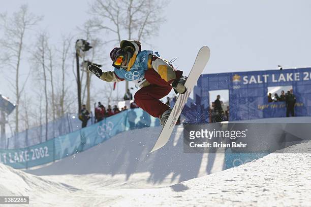 Kjersti Buaas Oe of Norway competes in the final round of the women's halfpipe snowboarding event during the Salt Lake City Winter Olympic Games on...