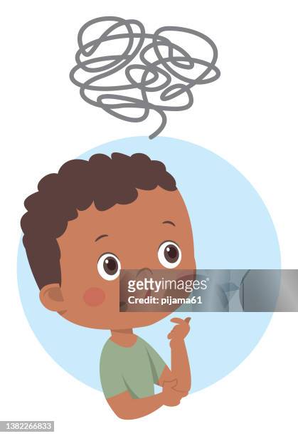 illustrations, cliparts, dessins animés et icônes de garçon mignon africain résolvant un problème logique, garçon confus - enfant noir