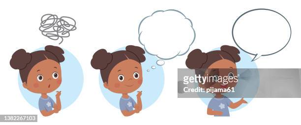 african cute girl solving logical problem, smiling girl with thinking bubble - kid thinking stock illustrations