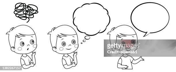 black and white, cute boy solving logical problem, smiling boy with thinking bubble, smiling boy with speech bubble - kid thinking stock illustrations