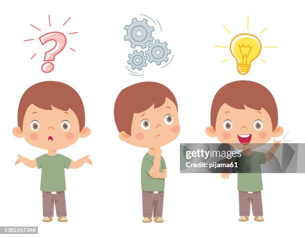 stockillustraties, clipart, cartoons en iconen met cute little kid boy thinking and searching idea process - onwetendheid