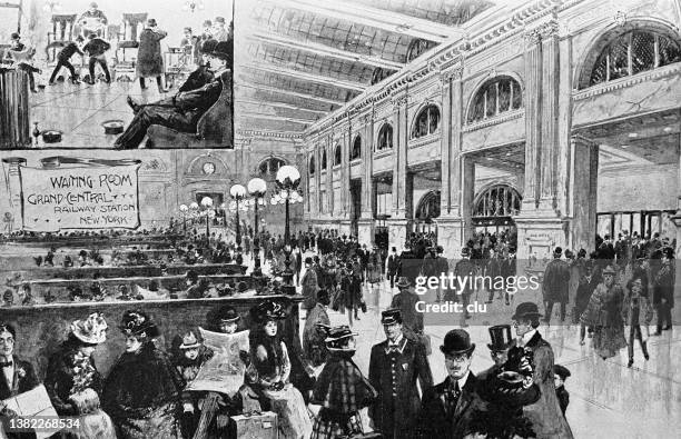 waiting room of new york grand central station - archival nyc stock illustrations