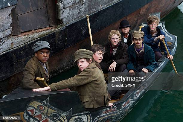 Pictured: Chase Willoughby as Nibs, Thomas Patten as The Twins, Charlie Rowe as Peter Pan, Patrick Gibson as Curly, James Ainsworth as Tootles,...
