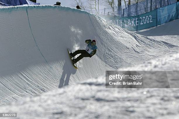 Nicola Thost of Germany competes in the final round of the women's halfpipe snowboarding event during the Salt Lake City Winter Olympic Games on...