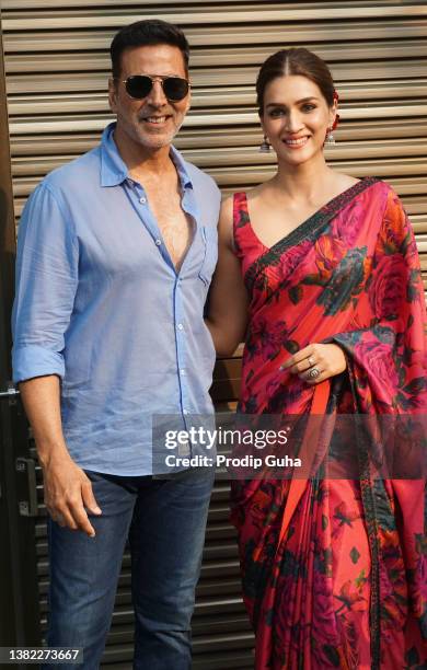 Akshay Kumar and Kriti Sanon attend the 'Bachchhan Paandey' film photocall on March 7, 2022 in Mumbai, India.