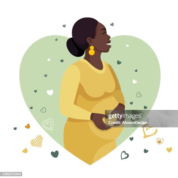 ilustraciones, imágenes clip art, dibujos animados e iconos de stock de feliz mujer africana embarazada sosteniendo su vientre. - mother and baby illustration