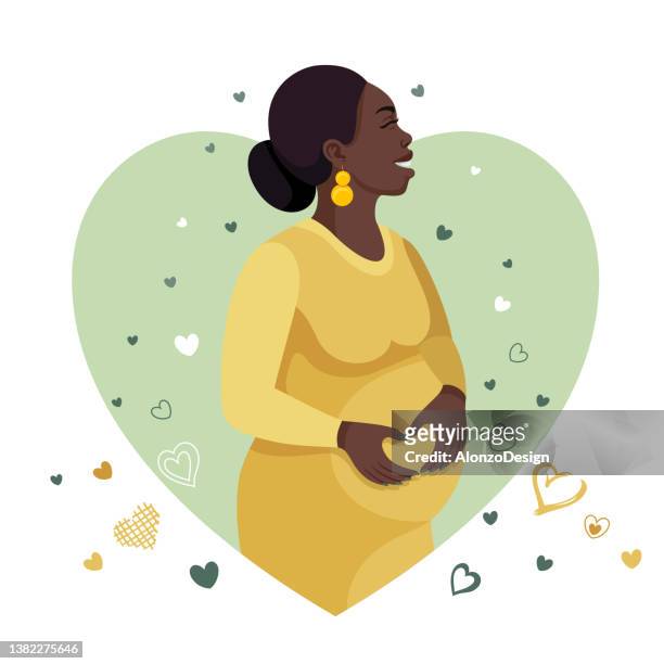 happy pregnant african woman holding her belly. - childbirth doctor stock illustrations