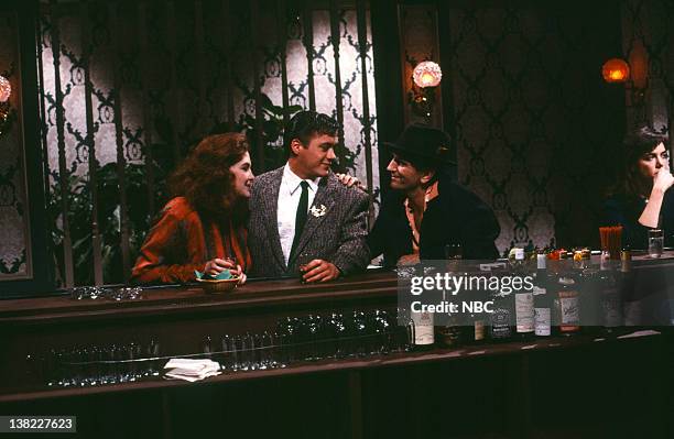 Episode 7 -- Pictured: Joan Cusack, Robert Downey Jr., Harry Dean Stanton during the 'The Mingling Drunk' skit on January 18, 1986