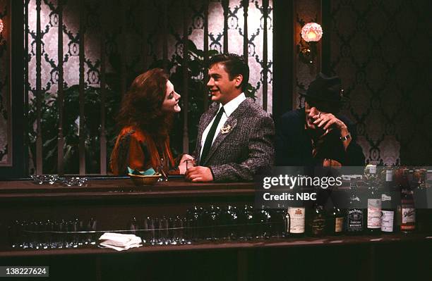 Episode 7 -- Pictured: Joan Cusack, Robert Downey Jr., Harry Dean Stanton during the 'The Mingling Drunk' skit on January 18, 1986