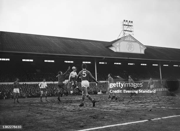 Tottenham Hotspur play Chelsea in a League Divison One match at White Hart Lane in London, UK, 1st February 1964. The score was 2-1 to Chelsea.