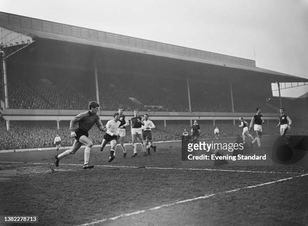 Footballer Jim Standen of West Ham United during a League Division One match against Tottenham Hotspur at Upton Park Boleyn Ground in London, UK, 8th...