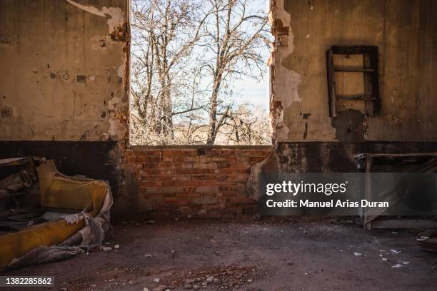 representation of the interior of a house abandoned and destroyed by the war - ruined stock pictures, royalty-free photos & images