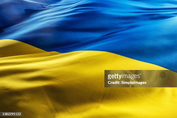 ukrainian flag blowing in the morning light. - flagge stock-fotos und bilder