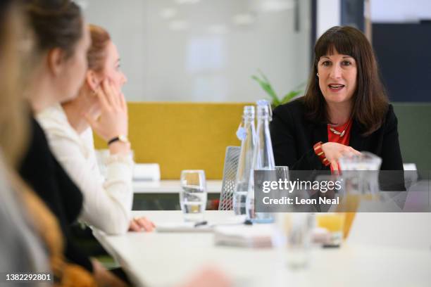 Shadow Chancellor Rachel Reeves listens to speakers during a meeting with female entrepreneurs at King's College on March 07, 2022 in London,...