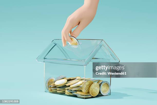 three dimensional render of human hand inserting euro coin into transparent house shaped coin bank - property prices continue to increase stock illustrations