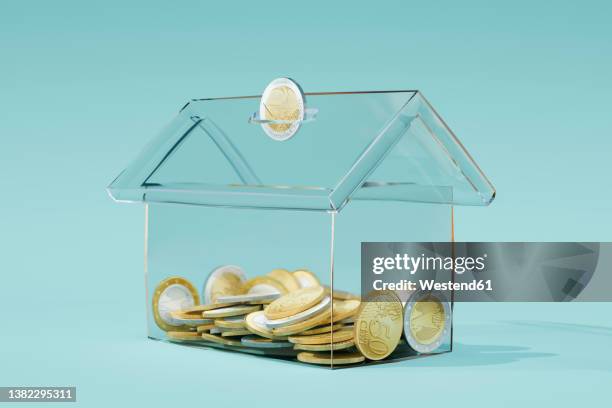 three dimensional render of transparent house shaped coin bank - germany stock illustrations