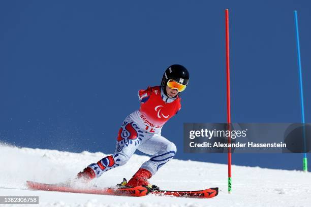 Vanesa Gaskova of Team Slovakia competes in the Para Alpine Skiing Women's Super Combined Slalom Standing during day three of the Beijing 2022 Winter...