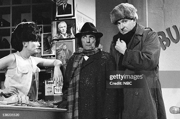 Episode 7 -- Pictured: Nora Dunn as Miss Tully, Harry Dean Stanton as Mike Kutasz, Randy Quaid as Stash Guzik during the 'Cleveland Vice' skit on...