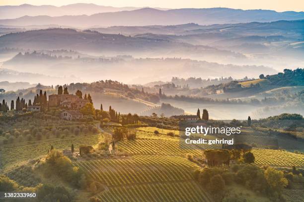 manhã nebulosa na toscana, san gimignano, província de siena, itália - san gimignano - fotografias e filmes do acervo