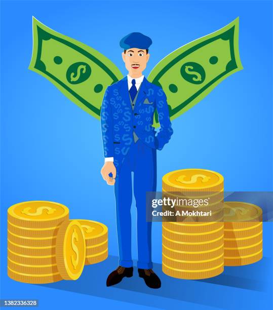 rich man with banknote wings - angels stock illustrations
