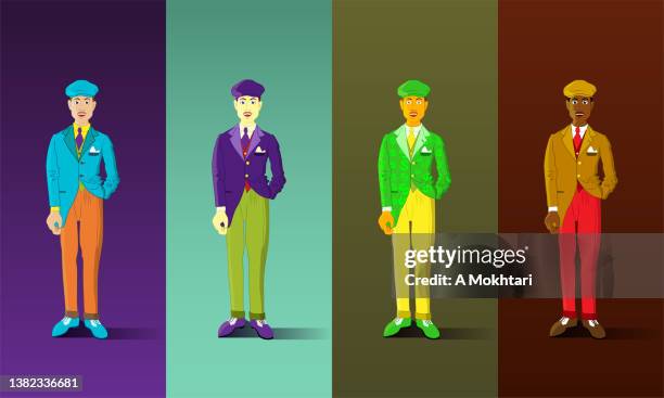 ilustraciones, imágenes clip art, dibujos animados e iconos de stock de hombre con clase - purple suit