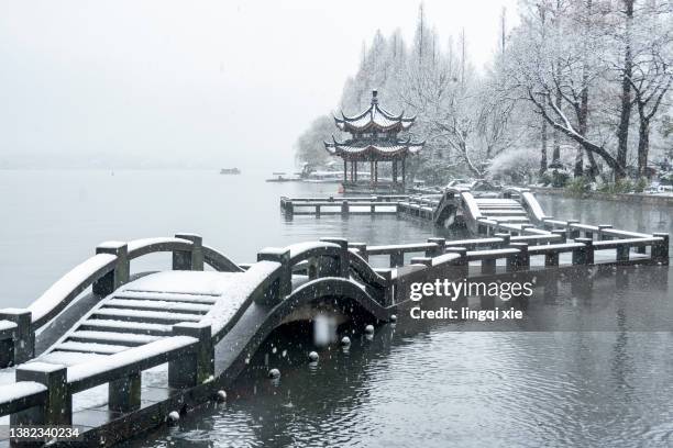snow scene of leifeng pagoda, west lake, hangzhou, china - hangzhou stock pictures, royalty-free photos & images