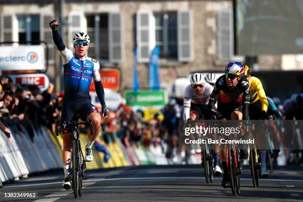 Fabio Jakobsen of Netherlands and Team Quick-Step - Alpha Vinyl celebrates winning ahead of Wout Van Aert of Belgium and Team Jumbo - Visma and...