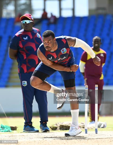 Shannon Gabriel f the West Indies bowls during a nets session at Sir Vivian Richards Stadium on March 07, 2022 in Antigua, Antigua and Barbuda.