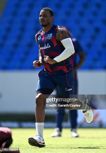 Shannon Gabriel f the West Indies bowls during a nets session at Sir Vivian Richards Stadium on March 07, 2022 in Antigua, Antigua and Barbuda.