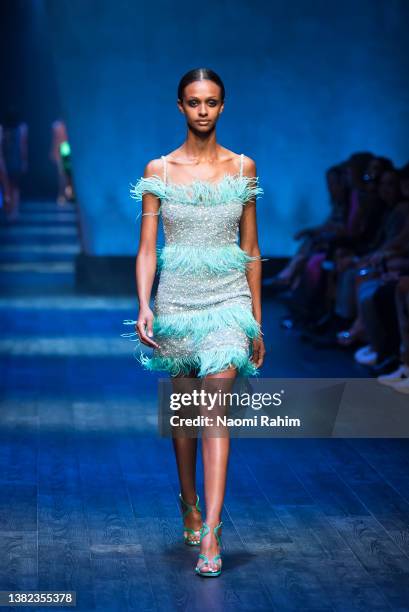 Model showcases designs by Rachel Gilbert during the Melbourne Fashion Festival Runway 1 show on March 07, 2022 in Melbourne, Australia.