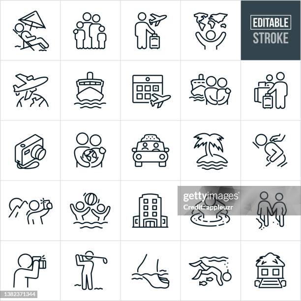 bildbanksillustrationer, clip art samt tecknat material och ikoner med vacation travel thin line icons - editable stroke - semester