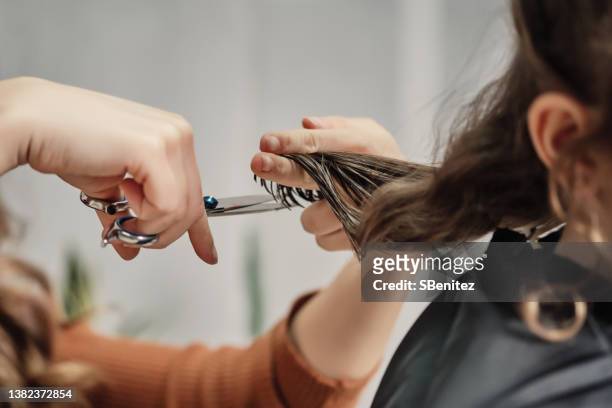 human hands hair cut using a scissors lock of hair - hairdresser fotografías e imágenes de stock