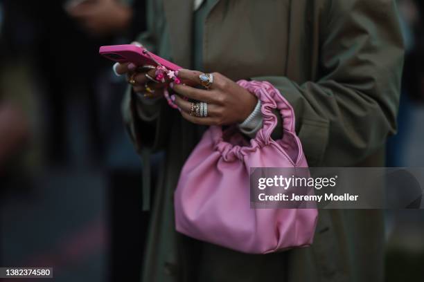 Fashion Week Guest is seen outside Elie Saab during Paris Fashion Week - Womenswear F/W 2022-2023 on March 05, 2022 in Paris, France.