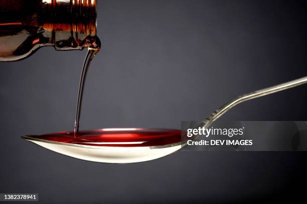 cough syrup poured into a spoon against grey background - sirup stock-fotos und bilder