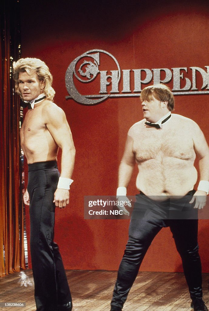 Saturday Night Live Patrick Swayze And Chris Farley Patrick Swayze as Adrian, Chris Farley as Barney during "Chippendales