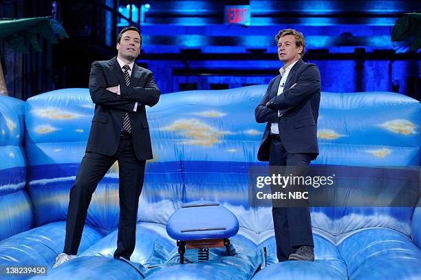 Episode 46 -- Airdate -- Pictured: Host Jimmy Fallon during a surf lesson with actor Simon Baker on May 18, 2009