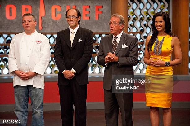 An Offer They Can't Refuse" Episode 808 -- Pictured: Guests Dino Gatto, Frank Pellegrino Jr., Frank Pellegrino Sr., host Padma Lakshmi