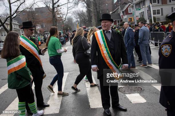 Marchers gather before the start of the annual St Patricks Day Parade on March 6, 2022 in Staten Island, New York. The event has gotten smaller over...
