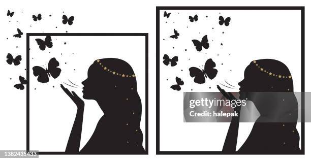 woman silhouette and butterfly - crown emoji stock illustrations