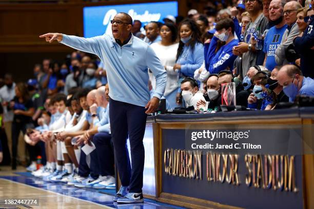 Head coach Hubert Davis of the North Carolina Tar Heels reacts during the second half of the game against the Duke Blue Devils at Cameron Indoor...