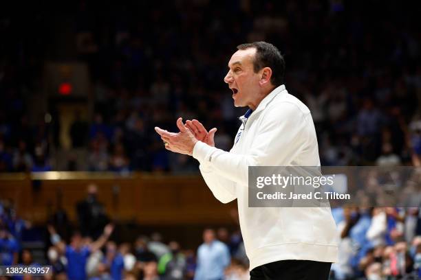 Ead coach Mike Krzyzewski of the Duke Blue Devils reacts during the first half of the game against the North Carolina Tar Heels at Cameron Indoor...